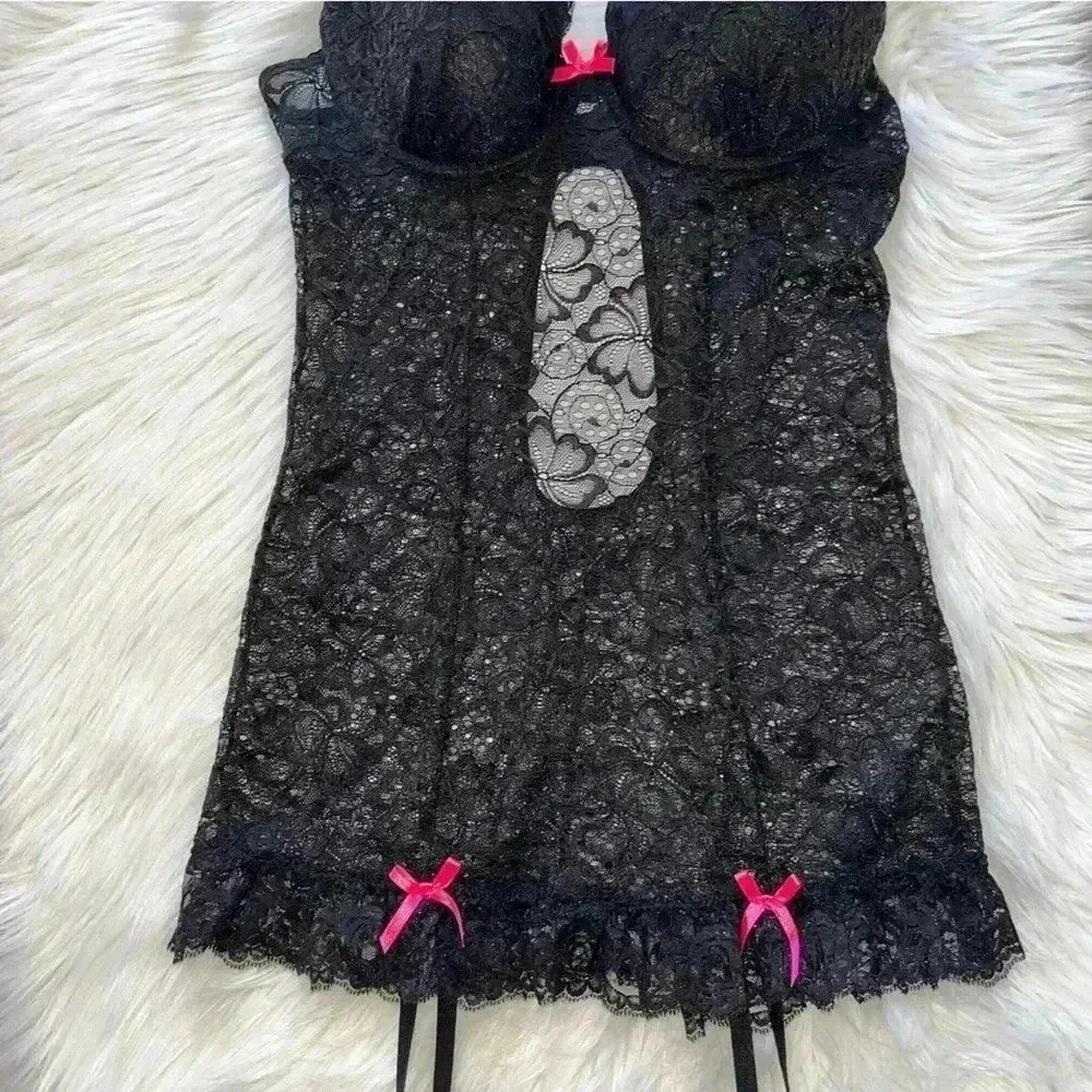 Dreamgirl Lingerie Y2K Black Floral Lace Babydoll Dress Medium Garters Neon Pink - Picture 3 of 8